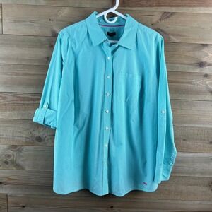 Talbots Womens Shirt Long Sleeve Button Up Gingham Plaid Teal White Cotton 1X